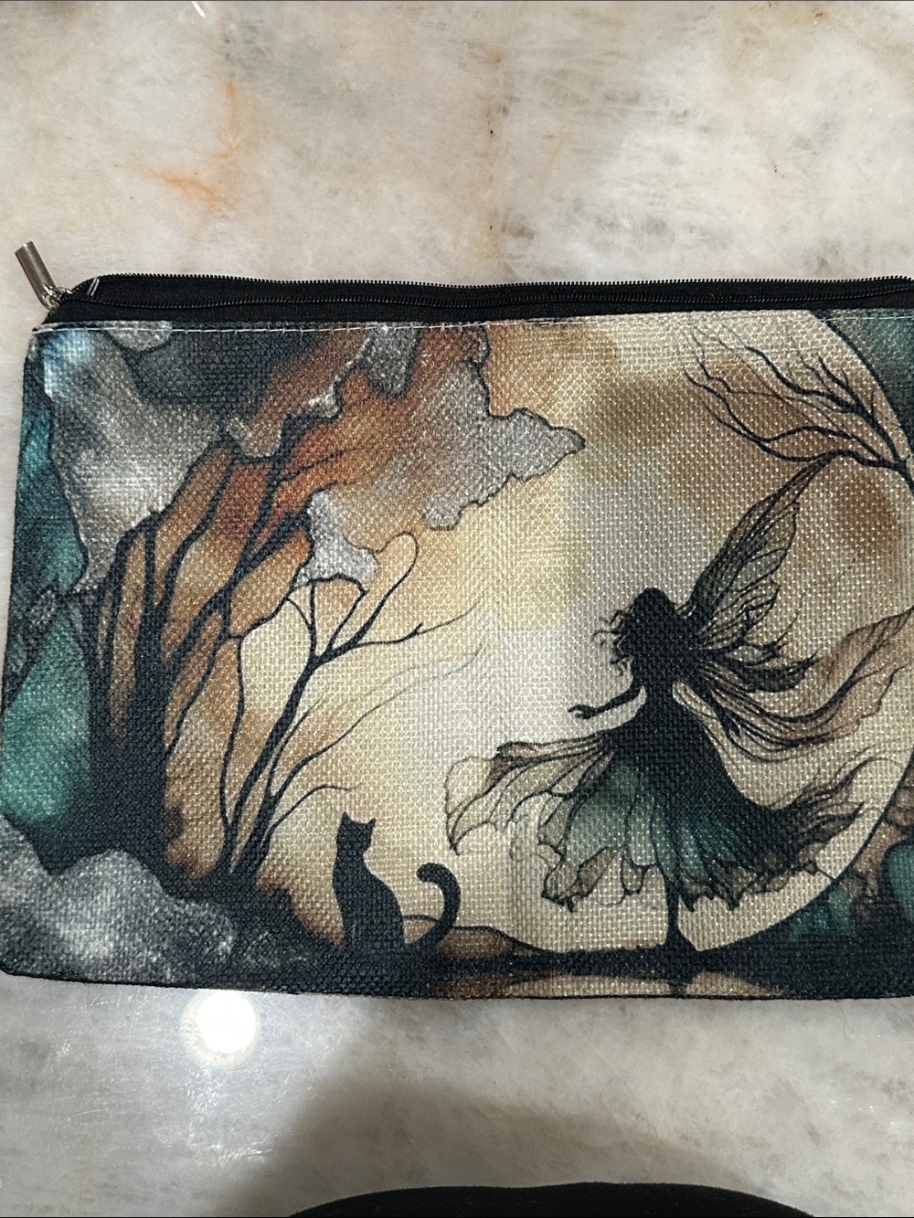 Fairy and Cat Art Pouch in Teal, Black & Cream